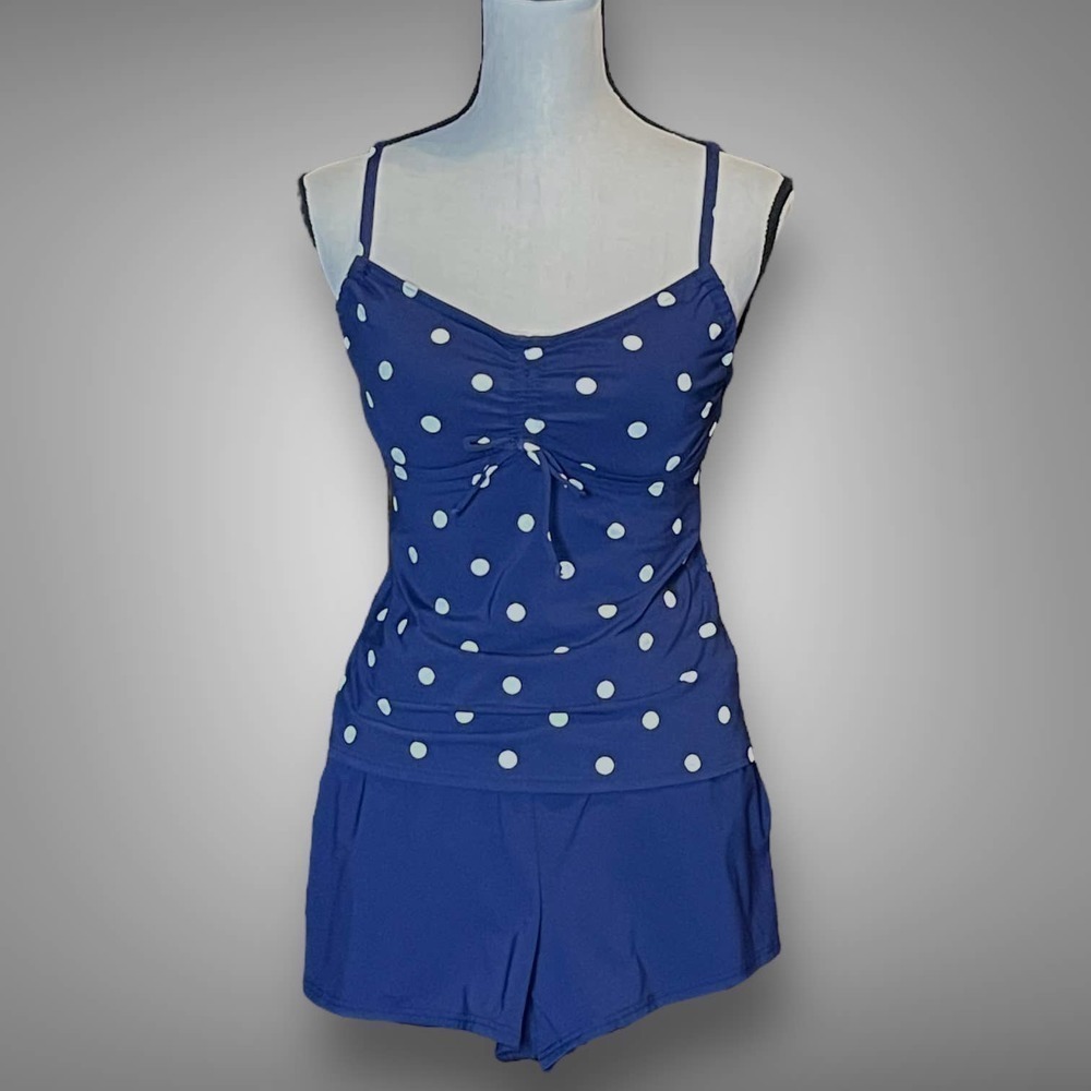 Lands’ End Women’s Navy and White Polka Dot Two Piece Swimsuit - Size 4